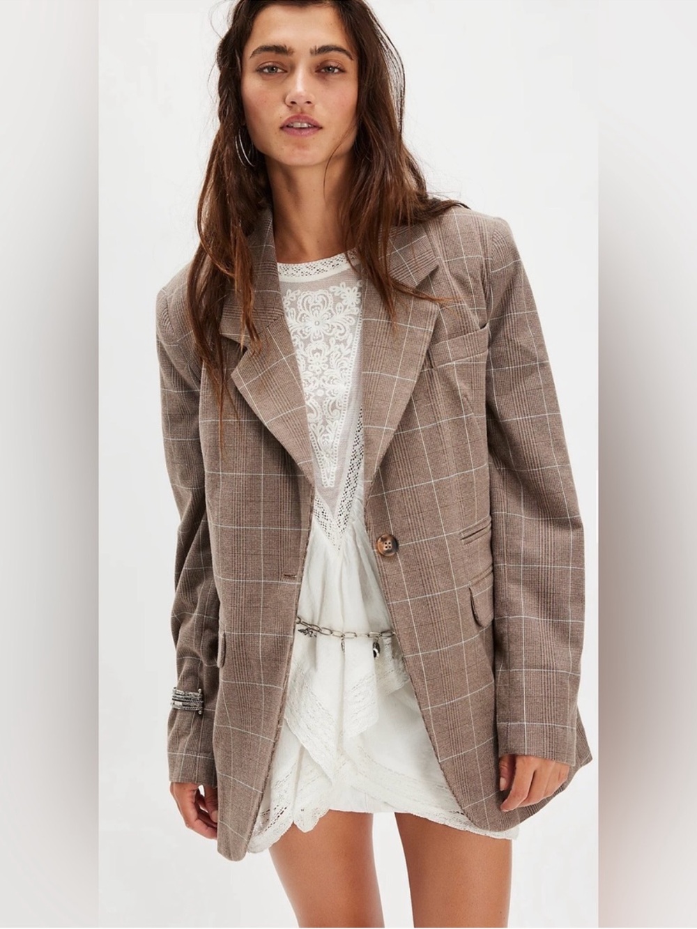 Free People Paper Cut Pinstripe Blazer Chocolate Brown NWT Size Large